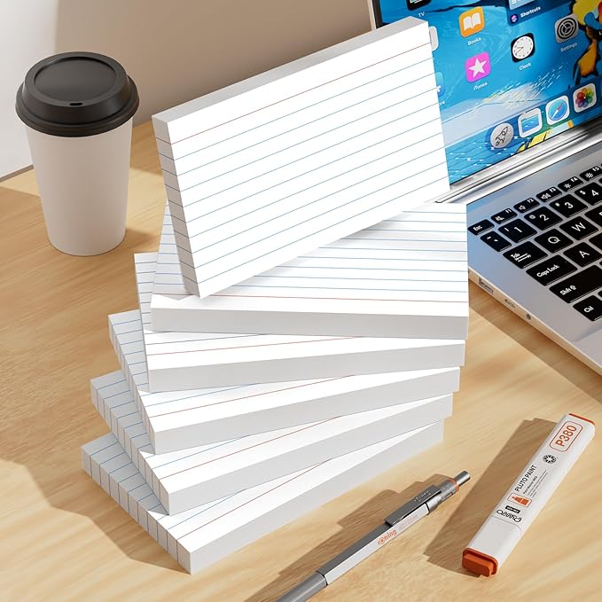 300 Count White Ruled Index Cards, 3x5 Inch Lined Study Flash Cards - 6 Pads, 50 Cards per Pad, Narrow Ruled Note Cards for School, College, Learning, Flashcards with Lines for Notes