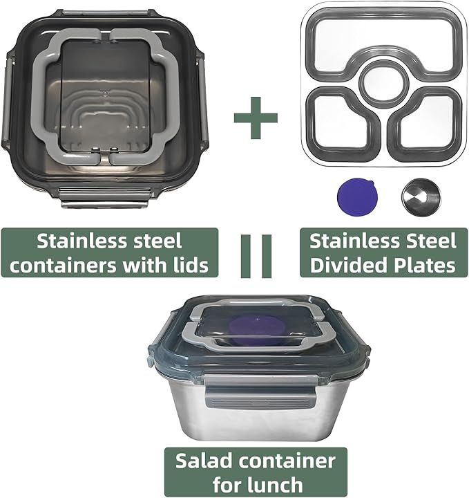 Salad Container for Lunch Stainless Steeel Salad Container 60-oz Salad Bowl with Lid 4-Compartment Bento-Style Tray, 1.5-oz Salad Dressing Container,Dishwasher, Microwave, and Oven Safe (Gray Lid)