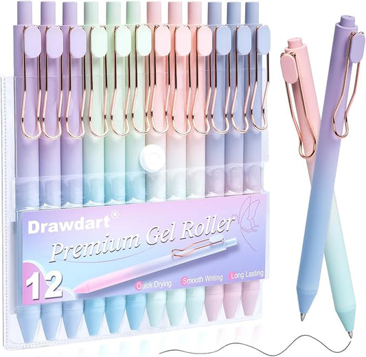 Drawdart Smooth Writing Pens, 12 Pcs No Bleed & Smear, Black Ink Fine Point (0.5mm), Retractable Aesthetic Journaling Pens for Women & Men
