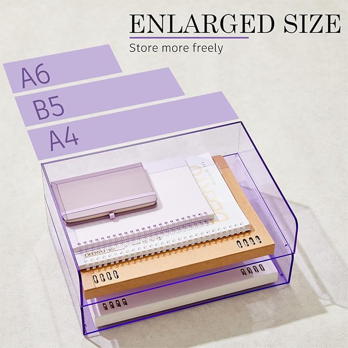 Harloon 4 Tier Clear Purple Acrylic Paper Organizer Letter Tray, Aesthetic Stackable Desk File Organizer Paper Holder Office Tray for A4, Modern Classroom Home Office File Pad Books Notes