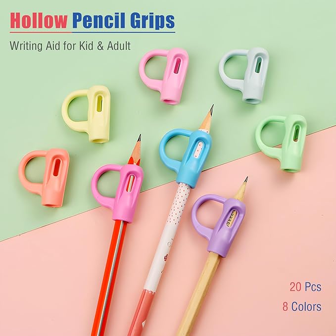 Ergonomic Pencil Grips 20 Pcs with 1 Finger Ring, 8 Colors Pencil Holders for Kids Handwriting, Hollow Pencil Grippers for Adults Writing Aid, Silicone Pencil Cushion, Gel Pen Grips