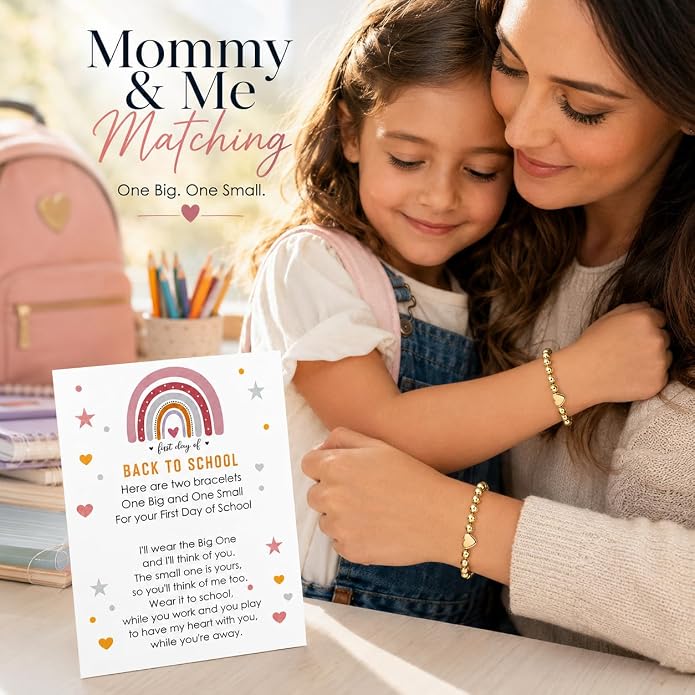 Back to School Bracelets Heart Matching Mommy and Me Elastic Wish Strings Bead Bracelets First Day of School Supplies Gifts