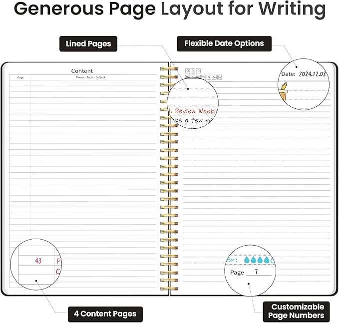Taja Large Spiral Lined Journal for Women, 8.5" x 11" Notebooks for Work Collge Ruled, A4 Aesthetic Cute Journaling Notebooks for Writing, Plastic Cover, Midnight Bloom