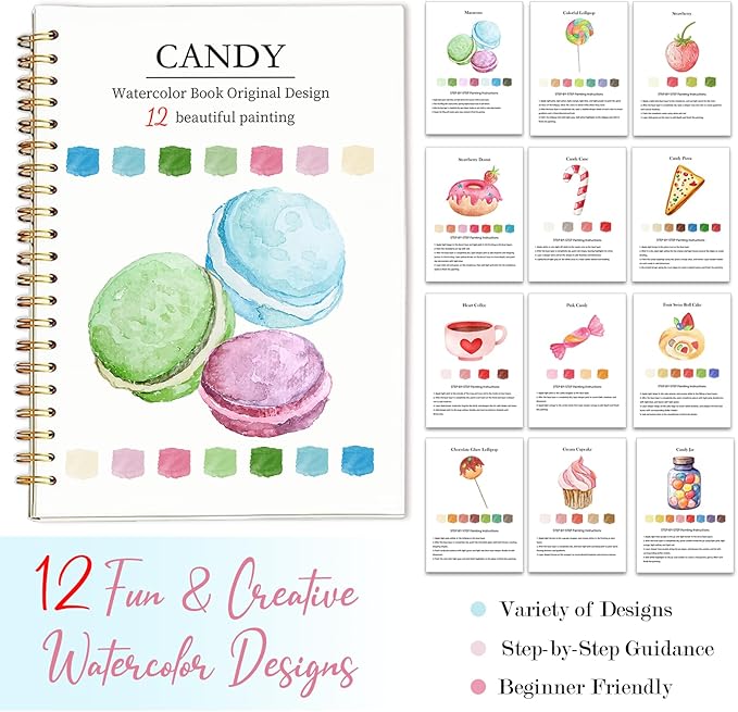 Easy Watercolor Workbook for Beginners - 12 Beautiful Step-by-Step Paintings Water Coloring Book, Includes 16 Colors Paints, Relaxing Art Projects and Creative Gift for Adults & Teen (Candy)