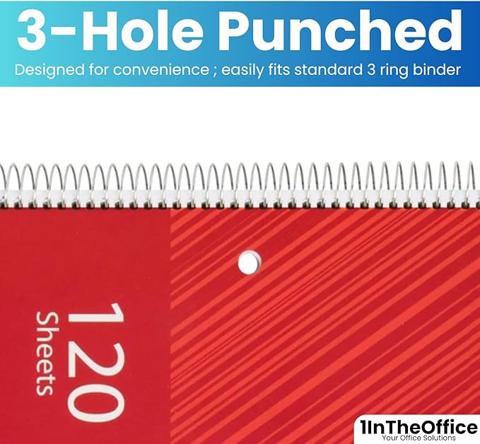 1InTheOffice Spiral Notebook College Ruled 8.5 x 11, 3-Subject College Ruled Notebooks, Wirebound Spiral Notebooks, 3-Hole Punched, 120 Sheets, Black, 4 Pack
