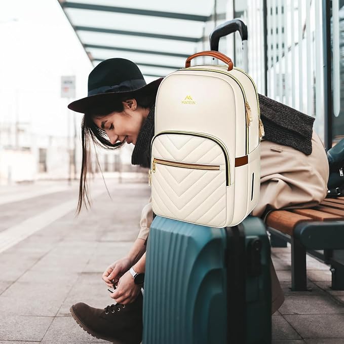MATEIN Lightweight Quilted Laptop Backpack for Women, 15.6 Inch Slim Design Laptop Backpack with Leather Handles, Fashion Teacher Nurse Bag, Perfect for Work and Commute, Beige