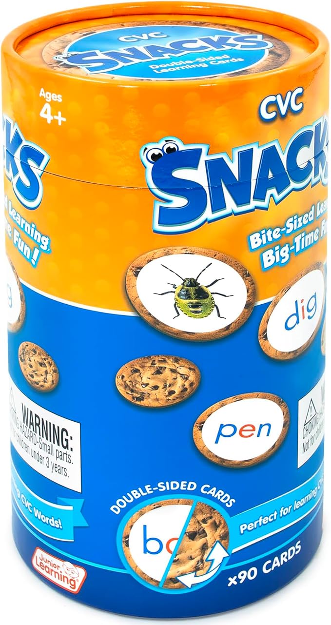 Junior Learning: CVC Snacks - Hands-On Spelling Game, Phonics & Words Practice, Picture Clues, Color Coded, Cookie Theme Double-Sided Cards, Kids 4+