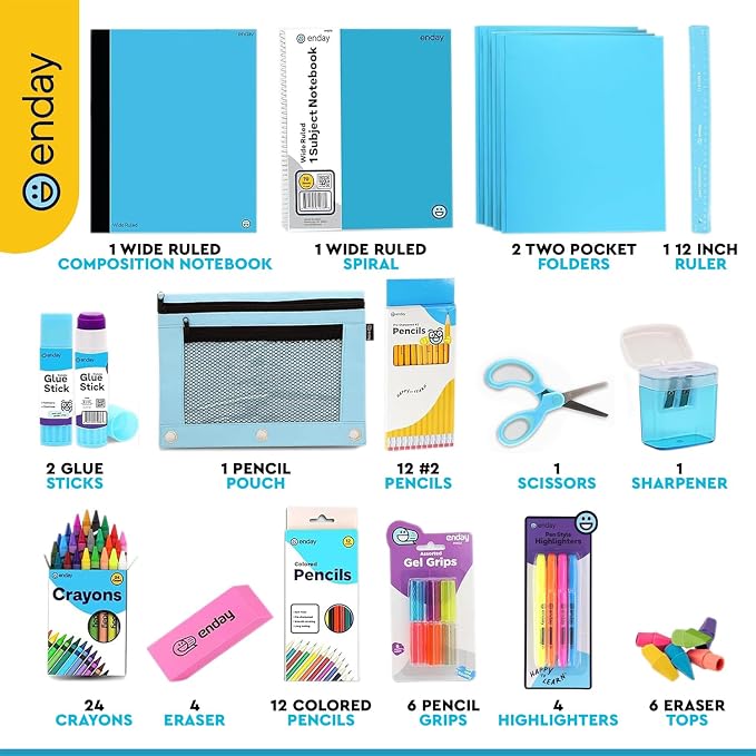 Enday Back to School Supplies for Kids, Blue School Supply Box Grades K-5, Premium Quality Kids School Supplies Kit, Kindergarten Supplies for Girls and Boys, 78 Piece Set