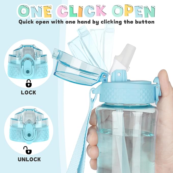 OLDLEY 12oz Kids Water Bottle, Tritan BPA-Free, Leakproof Flip Straw Lid, Motivational Time Marker, Carry Strap, Reusable Clear Water Bottle for Boys & Girls,Cerulean