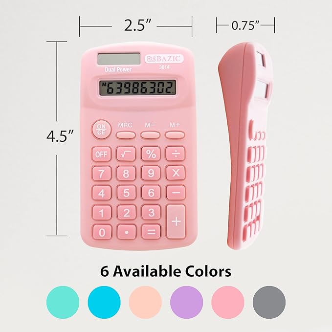 BAZIC Products 8 Digit Pocket Size Calculator, Dual Power Solar & Battery, LCD Display, Small Basic Standard Function Calculators, Assorted Pastel Colors, 144-Pack