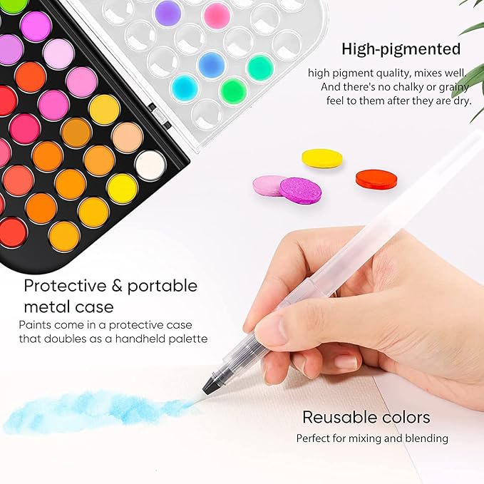 Watercolor Paint Set, 48 Colors Non-Toxic Watercolor Paint with a Brush, Refillable Water Brush Pen and Palette, Washable Water Color Paints Sets for Kids, Adults, and Artists