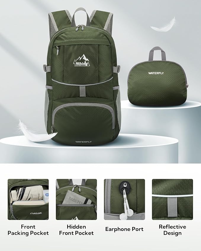 WATERFLY Hiking Packable Daypack Backpack: 25L Ultra Lightweight Day Pack for Women Men - Small Compact Folding Back Pack for Outdoor Sport Cycling Camping Travel Trip - Green