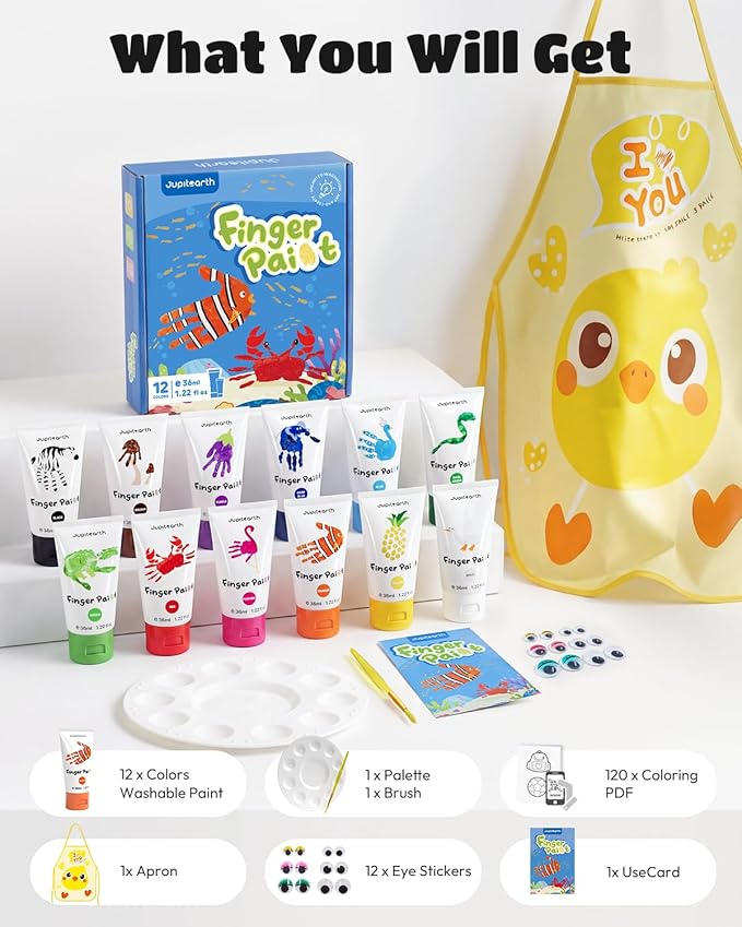 JUPITEARTH 28 PCS Finger Paint, Baby Safe Paints for Hand and Feet, Washable Paint for Kids, Non-Toxic 12 Vibrant Colors (1.22fl oz/36ml ) , Palette, Apron, Brush, Eye Stickers, Safe Preschool Art Supplies for Kids