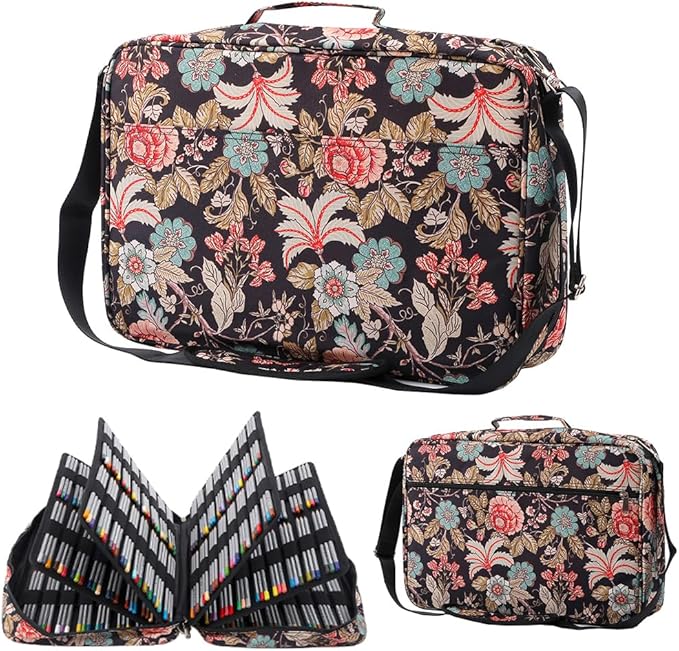 480 Slots Color Pencil Case - Pencil Holder with Handy Wrap & Zipper, Multilayer Holder for for Watercolor Pens or Markers (Begonia Black)
