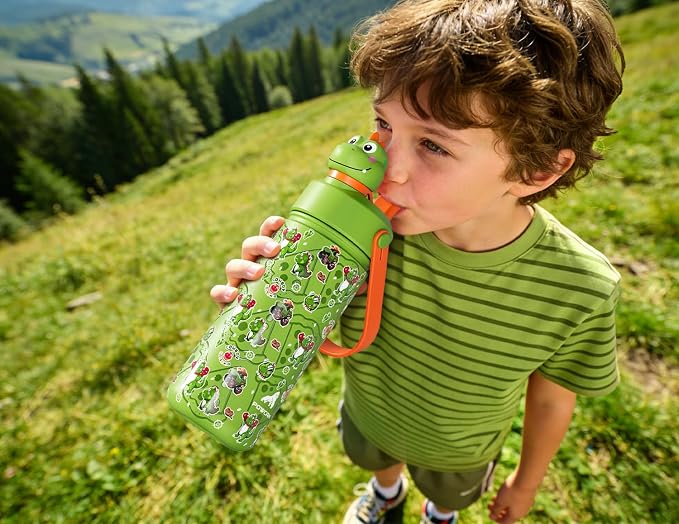 POWCAN Kids Water Bottle for School: 2-in-1 Straw Spout Lid with Soft Animal Head, Leakproof, Backpack Friendly, Keep Cold 24H, Insulated cup for Sports, Playground, Holiday Gift, Cowboy Rex 18 Ounces