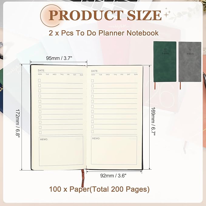 PATIKIL 2Pcs Planner Notebook, A6 100 Sheets Undated to Do List Daily Weekly Monthly Goals Tracker Pocket Notebook for Office Study Time Management Fitness Weeding, Green/Grey