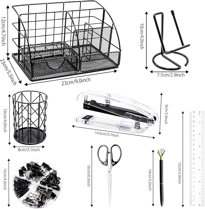 KAAKOW Black Desk Organizers and Accessories Office Supplies Set Stapler, Pen Holder, Phone Holder, Scissors, Pen, Ruler, 30 Paper Clips, 22 Binder Clip, 20 Tacks and 1000pcs Staples