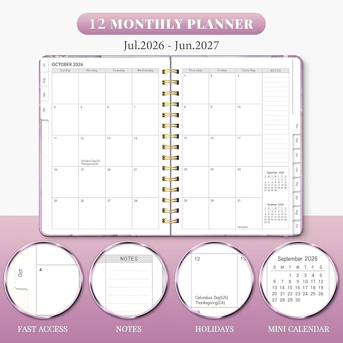 Lonely Oak Academic Planner 2026-2027, Daily Weekly and Monthly Agenda Planner 6.18" x 8.5" with Tabs, 12 Months Spiral School Year A5 Calendar from Jul.2026 to Jun.2027 for Student and Teacher (Purple Marble)