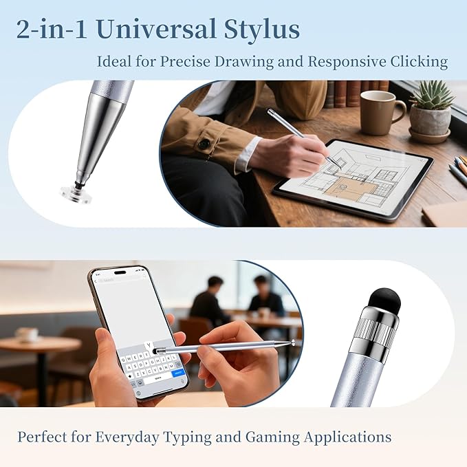 ChaoQ 2-in-1 Stylus Pen for Touchscreen, 6pcs High Sensitivity and Precision Stylus Pens for iPad iPhone Android Suitable for All Touch Screens (Silver)