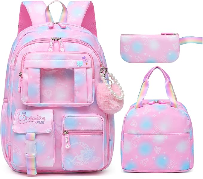 Alrisg Girls Backpack for Kids Elementary Middle School Cute Student Bookbag School Bag Pink Set