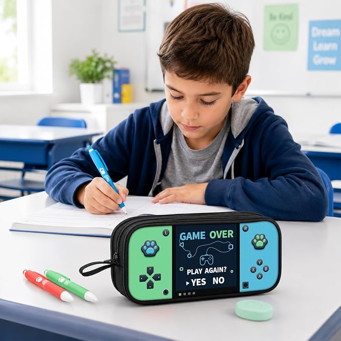 Game Controller Pencil Case for Boys Kids Teens, Large Capacity Pencil Pouch with 3 Compartments, 7 Pockets and Label Pocket for School College Office Travel (Green & Blue)