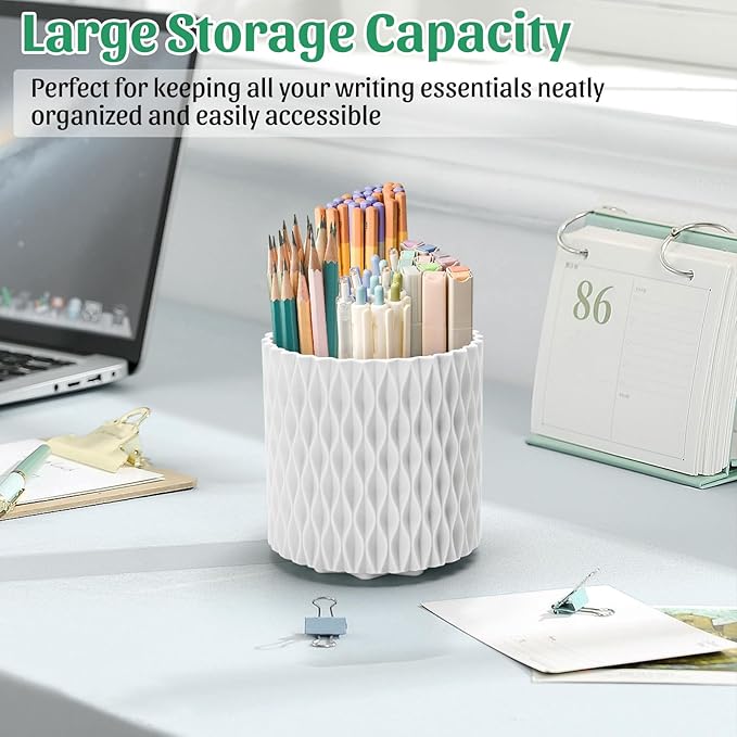 minimaliving Desk Organizer,Stylish Rhombus Pen Holder for Desk 360°Rotating Office Desk Accessories,Pencil Cup with 5 Compartments Storage Box Caddy for Office,School,Home,Art Supply(White)