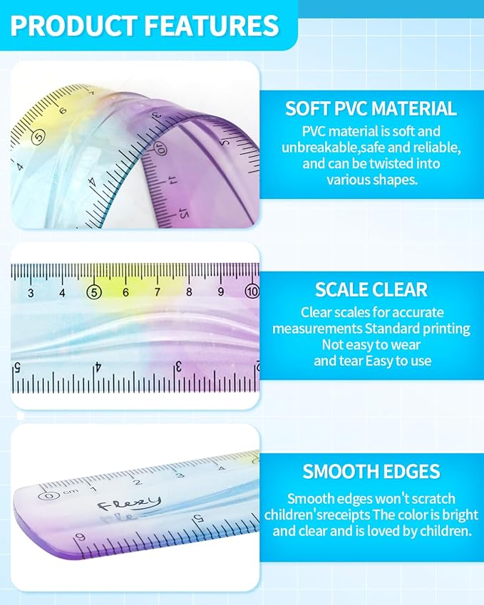 2 Pcs 6 Inch Flexible Ruler, Bendable Plastic Ruler, Gradient-Colored Flexible Rulers with Centimeters and Inches for Students, School, Classroom and Office Use