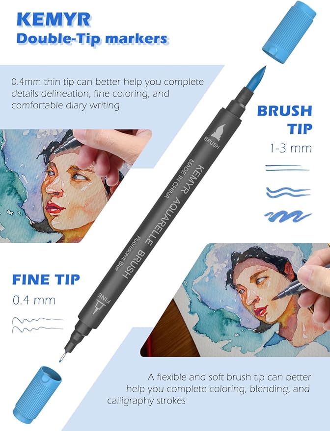 KEMYR Markers for Adult Coloring Books: 100 Color Dual Tip Fine & Brush Pens Water-Based Coloring Marker for Adults Drawing Sketching Bullet Journal Writing Lettering No bleeding