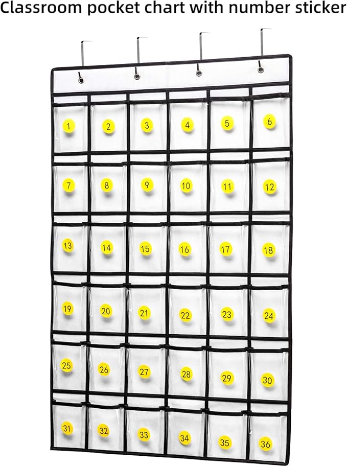 SAVERHO 36 Clear Pockets Classroom Pocket Chart for Cell Phones, Pocket Chart for Calculator Phone Holder with 36 Number Stickers and Hooks (White)