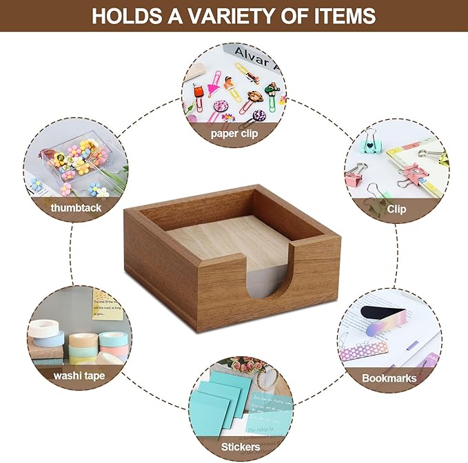 MultiBey Sapele Wood Sticky Note Holder with Non-Slip Base - Natural Wood Memo Pad Dispenser & Desk Organizer for Post-it Notes, Paper Clips, Office & Home