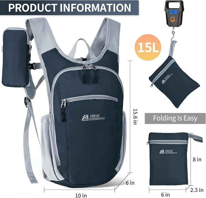 Small Hiking Backpack Packable Lightweight for Women Men | 10L/15L, Hiking Daypack, Foldable, Water Resistan, Ultralight, with Phone Pocket, Travel, Outdoor, Walking