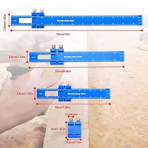 TOURACE Aluminum Woodworking Rulers with Slide Stop (3 Pcs) Precision Pocket Ruler Metal T Track Ruler, Square Ruler Inch and Metric Marking Measuring Scribing Ruler