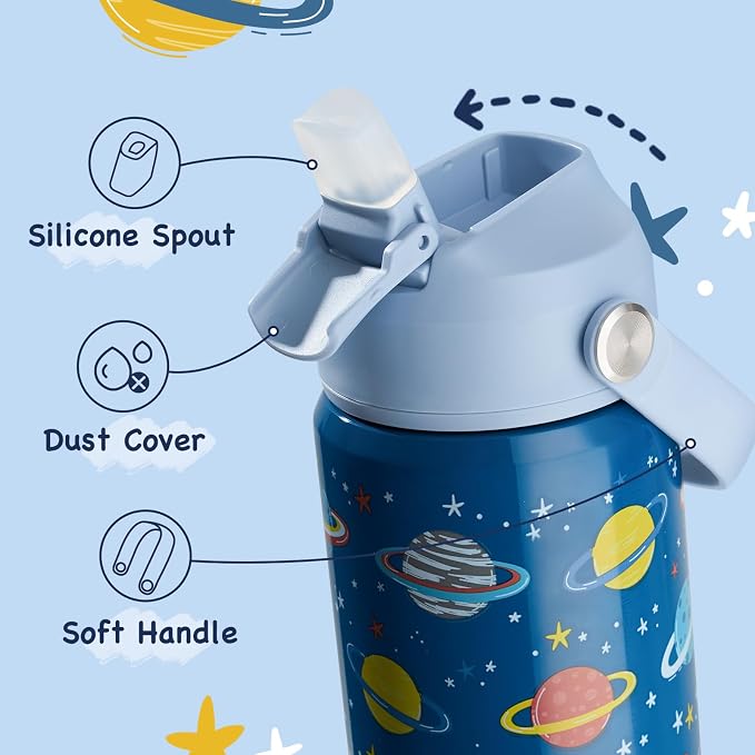 Kerilyn 12oz Kids Water Bottle, Stainless Steel Insulated Water Bottle For Kids, Toddler Cup With Straws Leak-proof, Kids Water Bottles For School Boys Girls, BPA Free, Planet