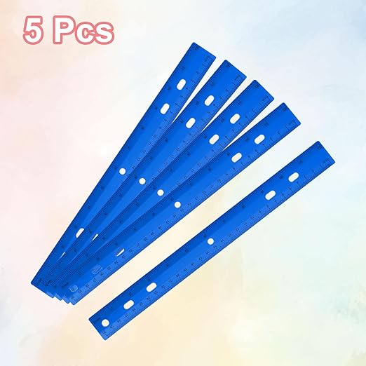 HARFINGTON 5pcs Plastic Rulers 12" (30cm) Clear Straight Ruler Measuring Tool Inches and Centimeters with Hole for Home Office Classrooms Drafting, Blue