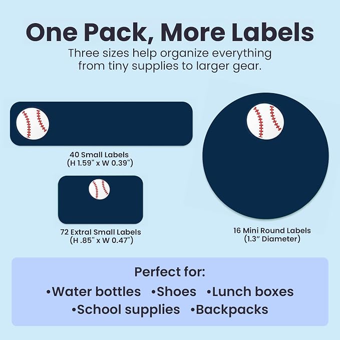 Label Daddy Personalized Name Labels for School, Baseball Design | Waterproof Name Tags for Kids, Washable Daycare Labels, Clothing, Lunch Boxes, Water Bottles and More, 128 Ct