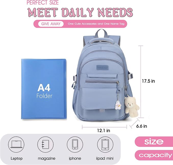 PRLINJSK Girls Backpack for College High Middle School Student, Cute Aesthetic Bookbag for Teens Women with Accessories,Blue