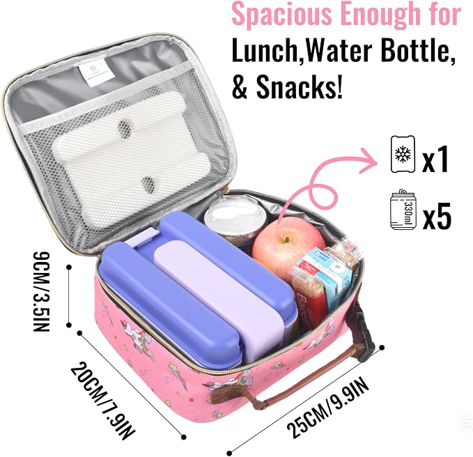 Genteen Lunch Box for Kids, Boys - Insulated Small LunchBox Reusable, Zip Closure & Buckle Handle, Portable Cooler for Work, School, Travel (Unicorn)