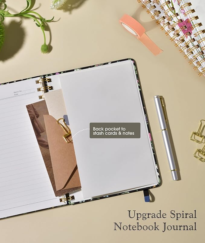 Lined Spiral Journal Notebook for Women, A5 Cute Hardcover Spiral Journals for Work, Note Taking, 150 Numbered Pages 100 GSM College Ruled Spiral Bound Notebook, 5.75" x 8.38", Spring Flowers