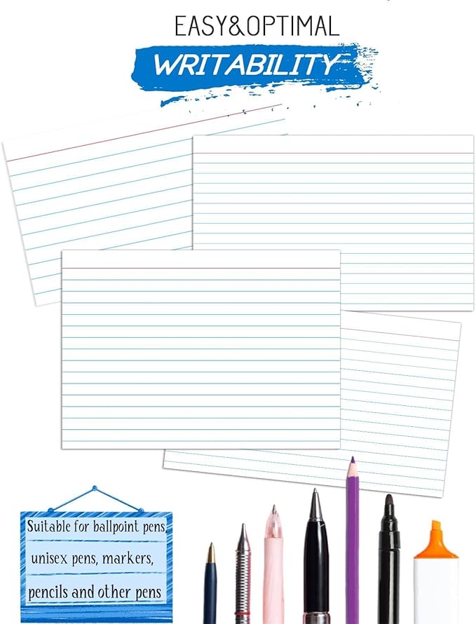 Index Cards 5x8, White Ruled Index Cards, Flash Cards for Studying, File Note, Flash, Study Cards, 100 Pcs Lined Index Flashcards for Office and School Supplies