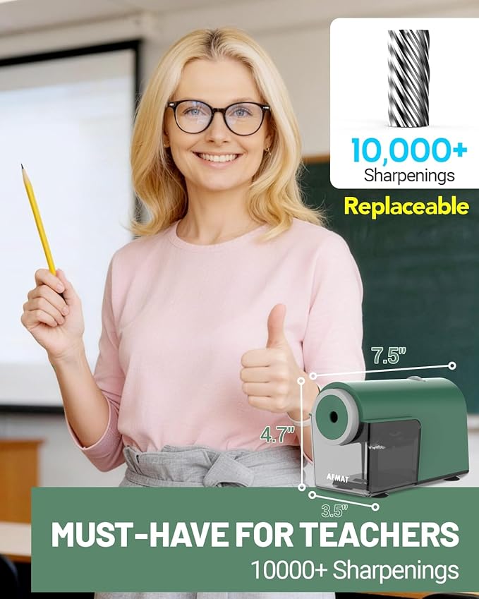AFMAT Electric Pencil Sharpener, Fully Automatic Pencil Sharpener for 6.5-10.5mm No.2/Jumbo/Colored Pencils, Auto in & Out, 5 Sharpness Modes, 10000+ Sharpenings for Classroom Home Office, PSC5(Green)