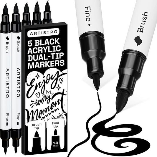 ARTISTRO 5 Black Acrylic Paint Markers - Paint Pens for Drawing, Brush + Fine Tips - For Fabric, Rock, Glass, Wood, DIY - Art & Craft Supplies for Adults, Teens, Kids - Teacher Appreciation Gift