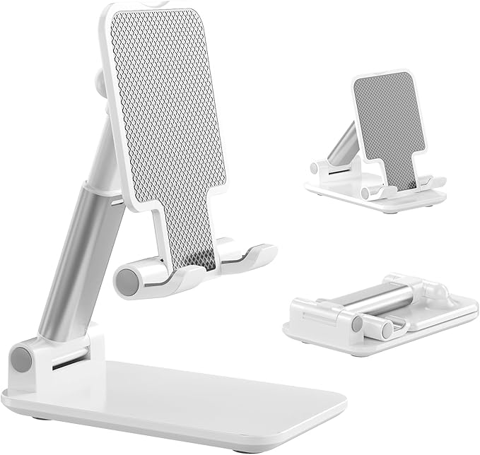 Phone Stand, PhoneHolder for Desk Anti-Slip Cute OfficeAccessories Forldable Cell PhoneHolder Compatible with iPhones, AllMobile Phones, White-Silver, Pro