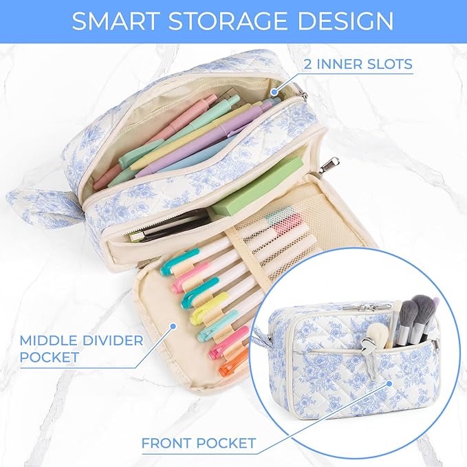 WOBAGMEN Quilted Pencil Pouch for Girls Women, Large Pencil Case Pouch with Compartments Cute Aesthetic Pencil Case Organizer, Floral Pencil Bag for School Supplies (Elegant Blue Floral)