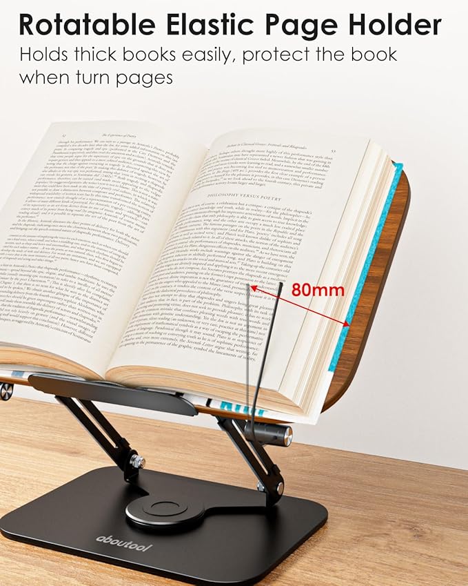 Book Stand for Reading, Aboutool Adjustable Book Holder with 360° Swivel Base & Page Clips, Foldable Cookbook Stand Textbook Stand for Music Scores, Recipe, Tablet, Laptop, Textbook