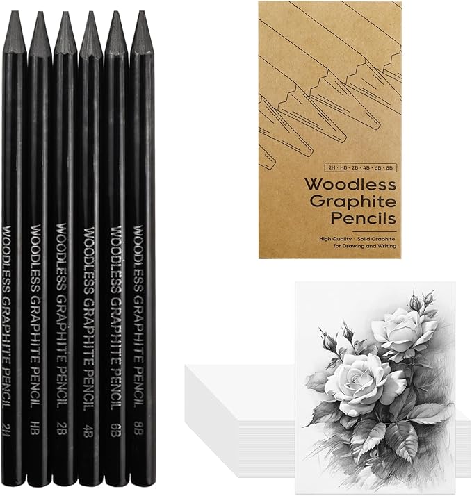 LIVHOLIC Woodless Graphite Drawing Pencils Set,6 Black Lead Pre-Sharpened 2H HB, 2B, 4B, 6B 8B Degrees Coloring Pencils, 50PK Blank Watercolor Card for Sketching,Writing,Shading