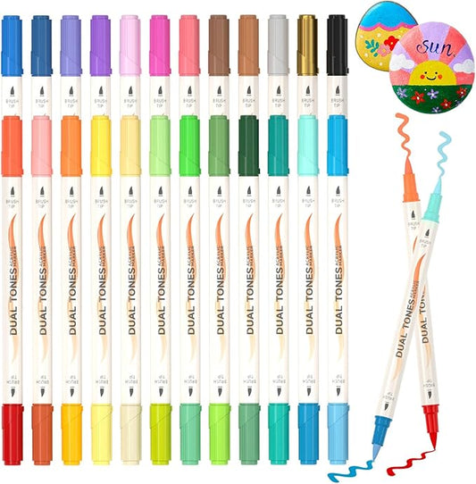 Shuttle Art 48 Colors Dual Tone Acrylic Paint Markers, 24 Pack Acrylic Paint Pens Set for Rock Painting, Ceramic, Wood, Canvas, Glass, Stone, Fabric, Card Making, DIY Crafts & Art Supplies