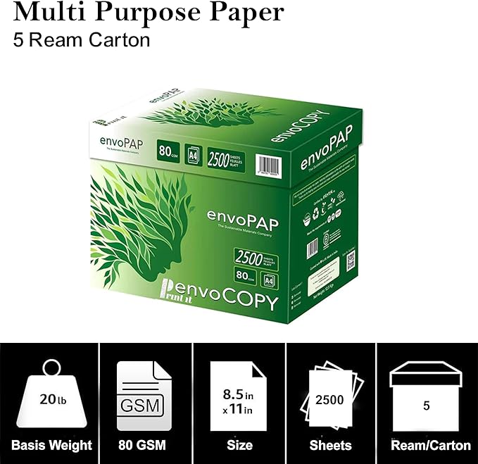 envoCopy TreeFree 100% Recycled Multipurpose Paper, 8.5" x 11", 20 lbs., White, 500 Sheets/Ream, 5 Reams
