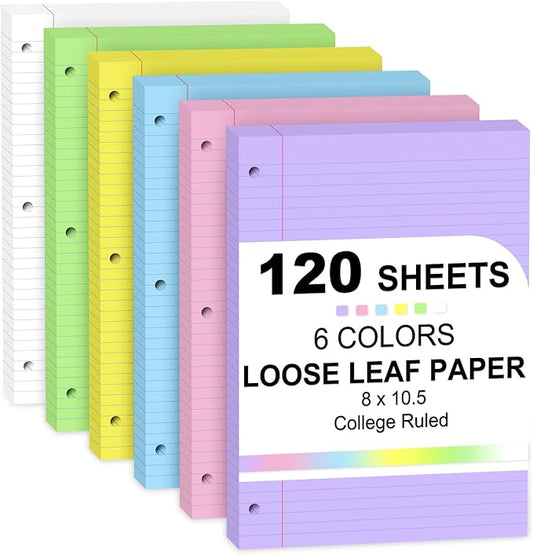 Loose Leaf Paper 8" x 10.5" Colored Filler Paper 120 Sheets 3 Hole Punched Lined Paper 8 X 10.5 College Ruled Notebook Paper for 3-Ring Binders Notepad Writing Note Pads for Home,Office,School Supplie