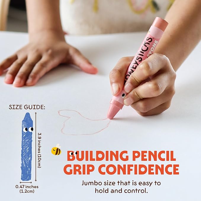 Honeysticks Jumbo Crayons (8 Pack) - Non Toxic Crayons - 100% Pure Beeswax and Food Grade Colors - 8 Bright Colors - Large, Easy to Hold and Use - Preschool Art Supplies for Toddlers/Kids 3-5, 4-8
