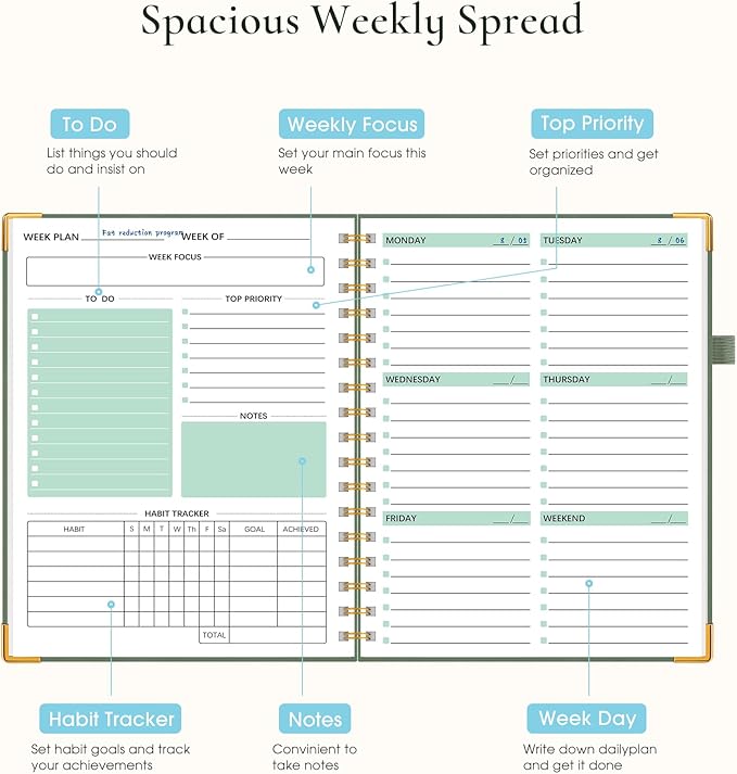 Undated Weekly Planner, Hardcover Leather Weekly & Monthly Calendar Blank Planner, To Do List Notebook with Goal & Habit Tracker Organizer, A5 Daily Planner with Spiral Binding, Ideal for Work School Home, Green